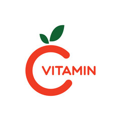 Orange fruit graphic vector illustration like letter C with two green leaves on top representing vitamin C, for company logo or symbol