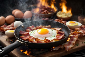 Delicious Bacon and Eggs Cooked in a Frying Pan chef, cook, stove, hot, dinner, pan, red, restaurant.