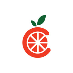 Orange fruit graphic vector illustration like letter C with two green leaves on top representing vitamin C, for company logo or symbol