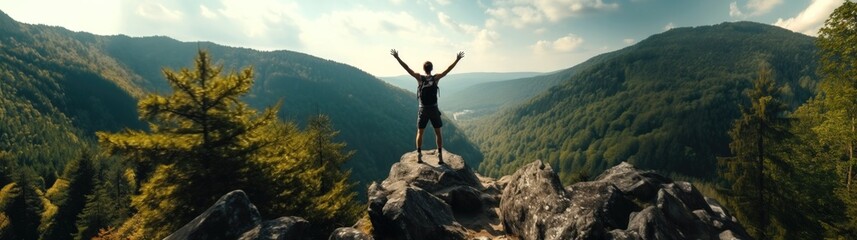 Winning and sport concept, Male Hiker celebrating success on top of a mountain   - obrazy, fototapety, plakaty