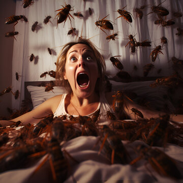 Femme hurlant en cauchemars en voyant des cafards envahir son lit et sa chambre &agrave; coucher