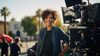 Portrait of a woman actor on a bustling film set embodying diverse roles
