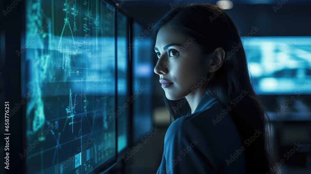 Poster portrait of a woman cybersecurity analyst in a high-tech security operations center vigilantly monit