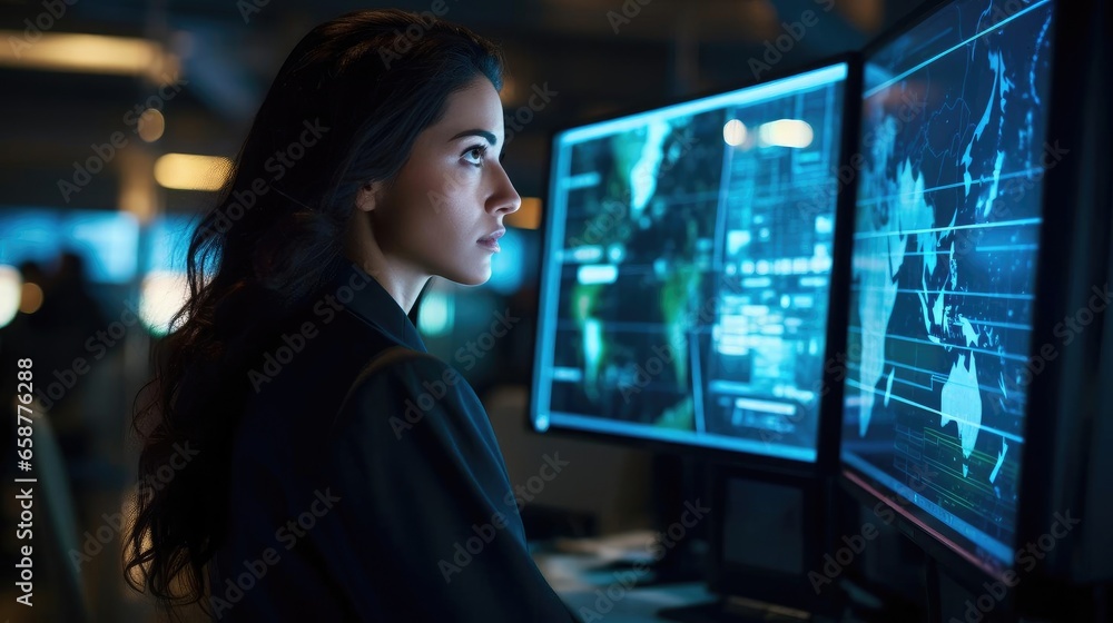 Poster portrait of a woman cybersecurity analyst in a high-tech security operations center vigilantly monit