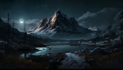 snowy mountain landscape at stary night design illustration - obrazy, fototapety, plakaty