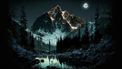 mountain, forest, moon landscape at stary night design illustration - obrazy, fototapety, plakaty