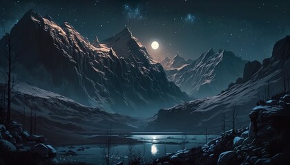 mountain peaks landscape at stary night design illustration - obrazy, fototapety, plakaty