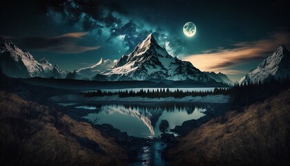 mountain with lake landscape at stary night design illustration - obrazy, fototapety, plakaty