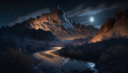 mountain landscape at stary night design illustration with moon - obrazy, fototapety, plakaty