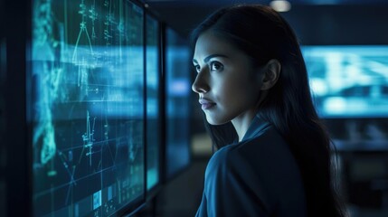Portrait of a woman cybersecurity analyst in a high-tech security operations center vigilantly monitoring network traffic