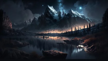 Fotobehang river, mountain landscape at stary night design illustration © Botisz
