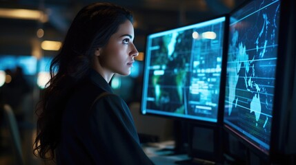 Portrait of a woman cybersecurity analyst in a high-tech security operations center vigilantly monitoring network traffic - obrazy, fototapety, plakaty