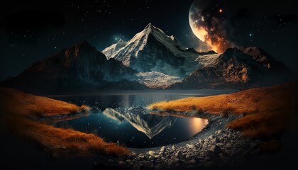 Fototapeta premium mountain landscape at stary night river and lake design illustration moon