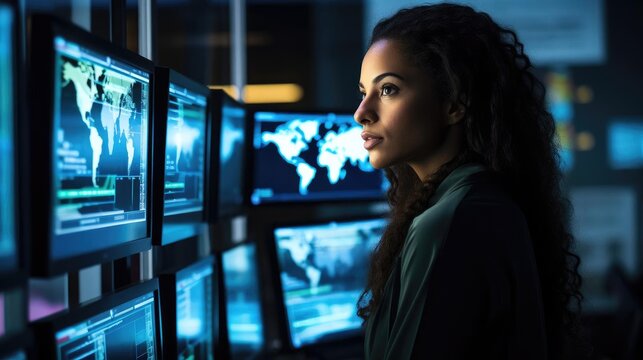 Portrait of a woman cybersecurity analyst in a high-tech security operations center vigilantly monitoring network traffic