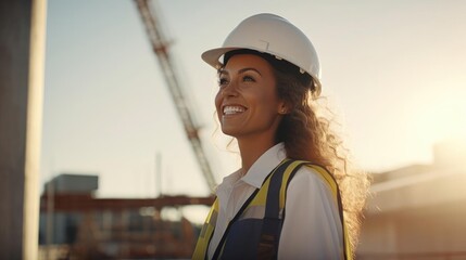 Portrait of a woman engineer at a construction site overseeing complex projects ensuring structural integrity - obrazy, fototapety, plakaty
