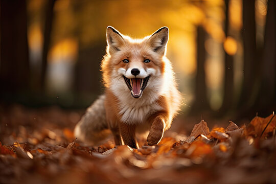 joven zorro corriendo con la boca abierta sobre las hojas caídas en un bosque otoñal al atardecer