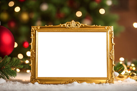 Gold ornament blank frame with christmas background