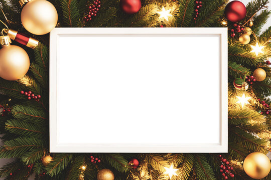 White horizontal blank frame with christmas toys background