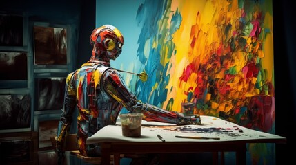 Creative android AI robot holding a paintbrush and painting on canvas, art and artificial intelligence concept