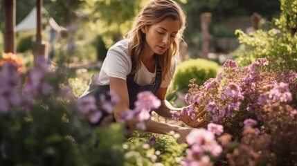 Portrait of a woman gardener in a lush botanical garden tending to vibrant flower beds - obrazy, fototapety, plakaty