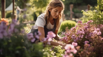 Fotobehang Portrait of a woman gardener in a lush botanical garden tending to vibrant flower beds © Fred