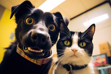 funny cat and his friend dog making selfie together, ai tools generated image - obrazy, fototapety, plakaty
