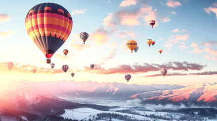 Obraz premium Colorful hot air balloons soar above a city skyline on New Year's Day as the sun rises in the background.