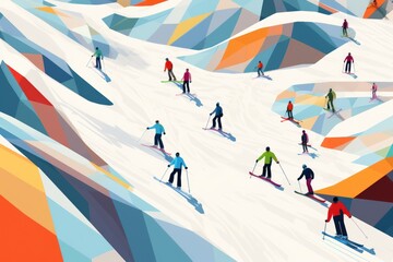 stylized illustration, winter sport concept, crowd of skiing people in mountains, ai tools generated image