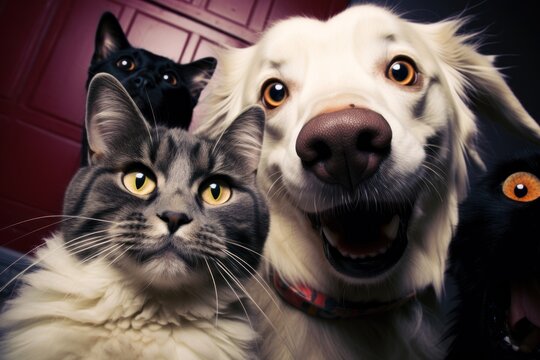 funny cat and his friend dog making selfie together, ai tools generated image