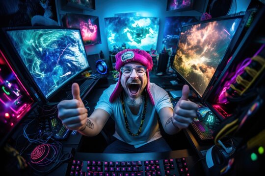 funny portrait of a very excited eager computer game influencer, ai tools generated image