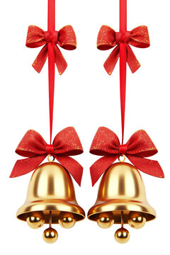 Christmas golden bells on long red ribbons with bows. Isolated on a transparent background.