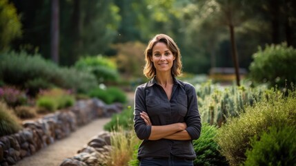 Portrait of a woman landscape architect in a serene botanical garden designing harmonious outdoor...