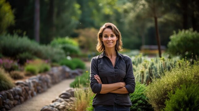 Portrait of a woman landscape architect in a serene botanical garden designing harmonious outdoor spaces