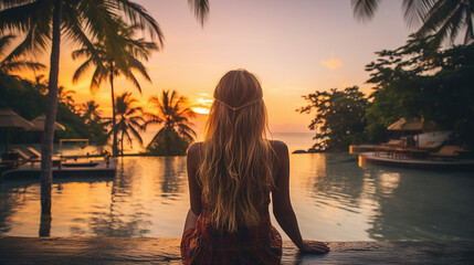 Woman enjoying a serene sunset by the poolside with tropical vibes, travel and relaxation theme - obrazy, fototapety, plakaty