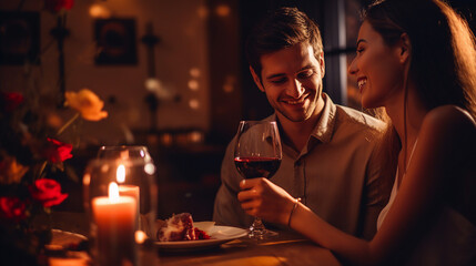 Romantic couple sharing a moment over dinner with city lights backdrop - obrazy, fototapety, plakaty