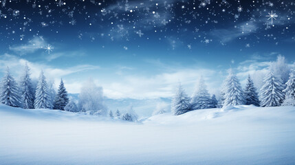Serene winter forest blanketed in snow under a sky filled with snowflakes