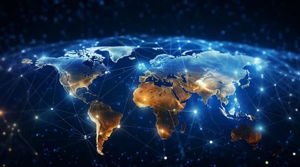 Foto op Plexiglas Glowing digital map of the world with interconnected nodes representing global networks © Artyom