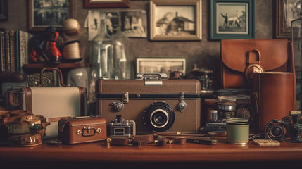 Vintage photo camera and other old things on a wooden shelf. Retro camera on a wooden table. Close-up. Selective focus. - obrazy, fototapety, plakaty