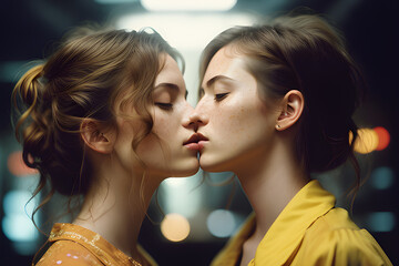 Two young beautiful women with freckles kissing