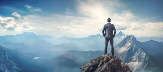 A male executive perched on a rocky cliff, gazing out at the expansive view below, signifying a leader's ability to see the bigger picture in the business world. - obrazy, fototapety, plakaty