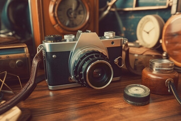 Vintage photo camera and other old things on a wooden shelf. Retro camera on a wooden table. Close-up. Selective focus.