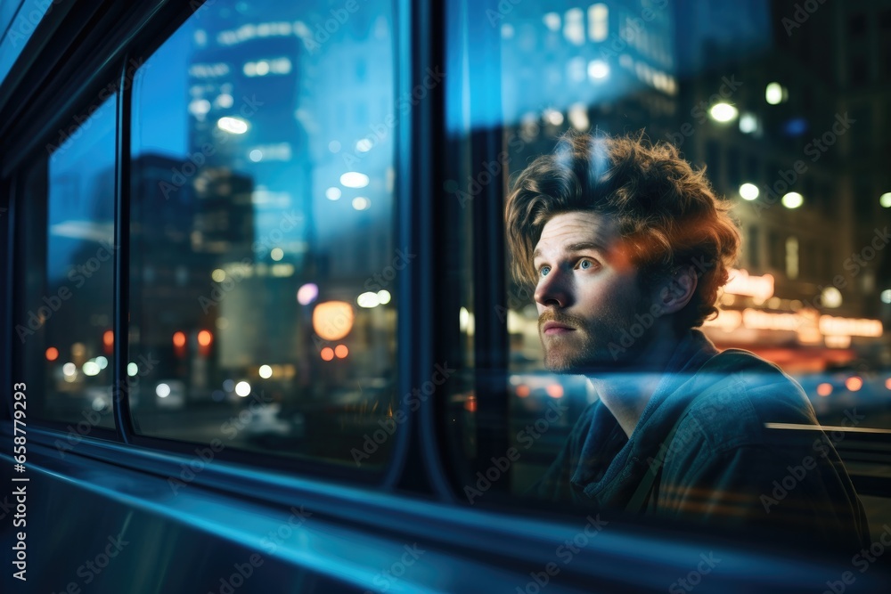 Poster A man looking out of a bus window at night. Generative AI.