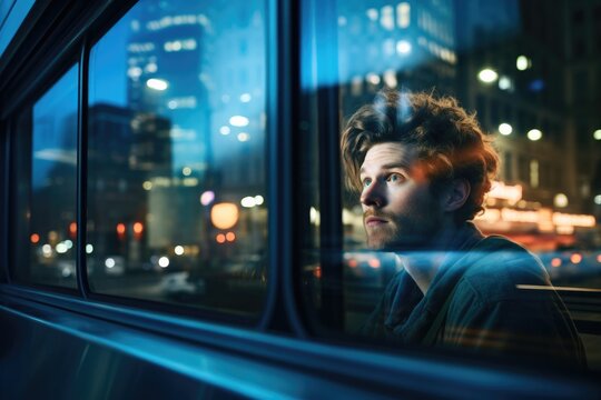 A Man Looking Out Of A Bus Window At Night. Generative AI.