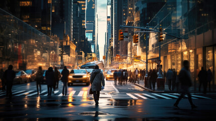A person walking across a city street at night. Generative AI. - obrazy, fototapety, plakaty