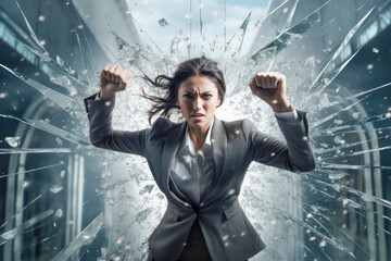 A determined businesswoman shattering a glass ceiling with her powerful punch, symbolizing her strength and determination to break through barriers in her career. - Powered by Adobe