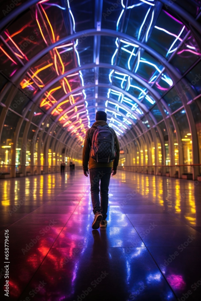 Poster a man is walking through a tunnel with neon lights. generative ai.