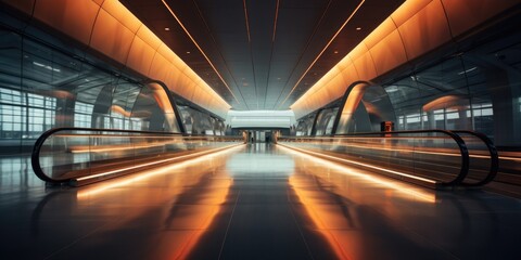 Naklejka premium A long escalator in an airport with lights on. Generative AI.