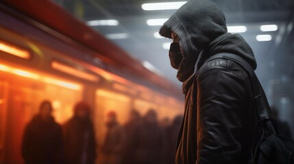 A man in a hoodie and mask on his face standing in front of a train. Generative AI.