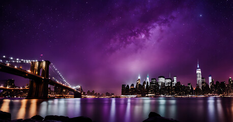 Fototapeta na wymiar Lovely purple starry night, concept art, light dust, and New York City.