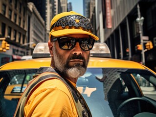 A man wearing a hat and sunglasses standing in front of a taxi. Generative AI.
